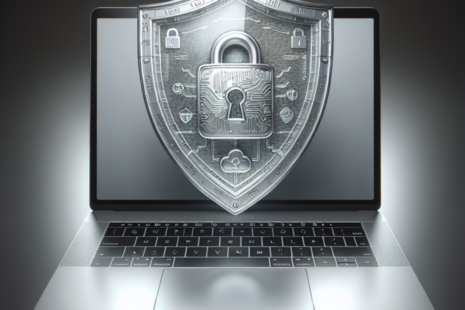 Silver laptop with open screen displaying an embossed, intricate shield icon representing online security and protection. The shield includes engravin